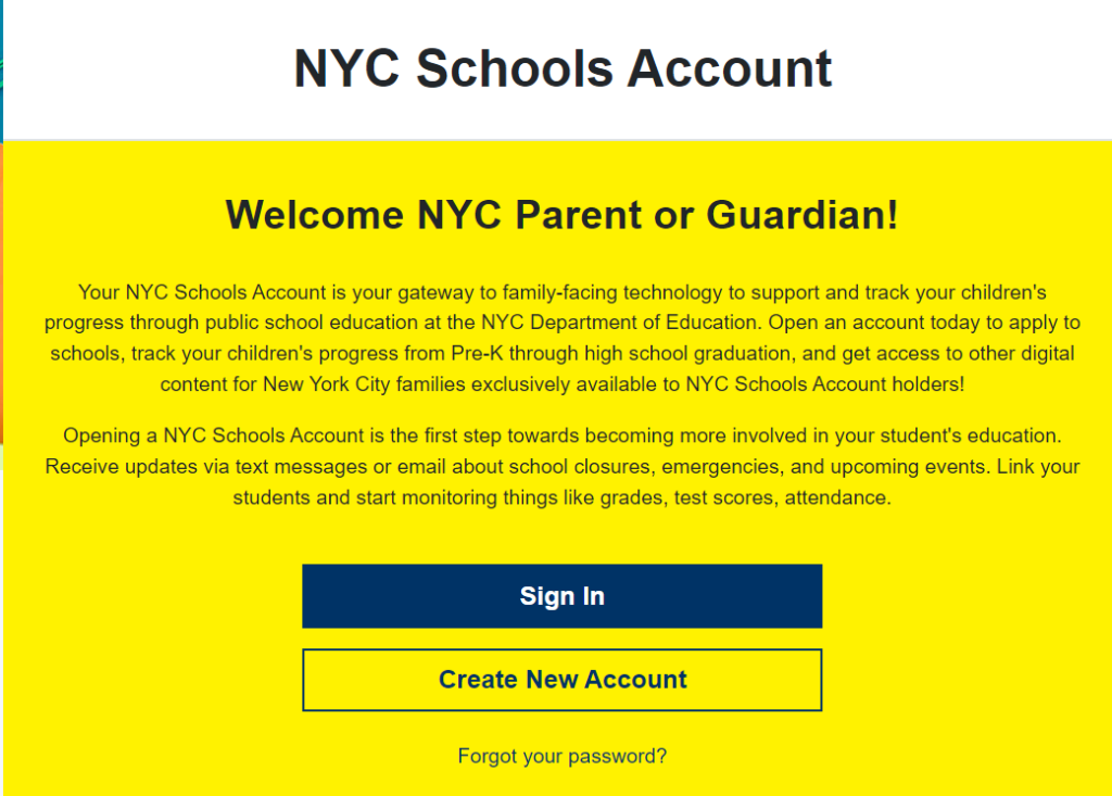 Create a NYC School Account (NYCSA) today! A gateway to family-facing technology to support and track your child's progress. Open an account today!